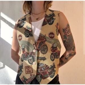 VTG Mirror Tapestry Beige Tan Motorcycle Printed Tuxedo Vest Cotton M